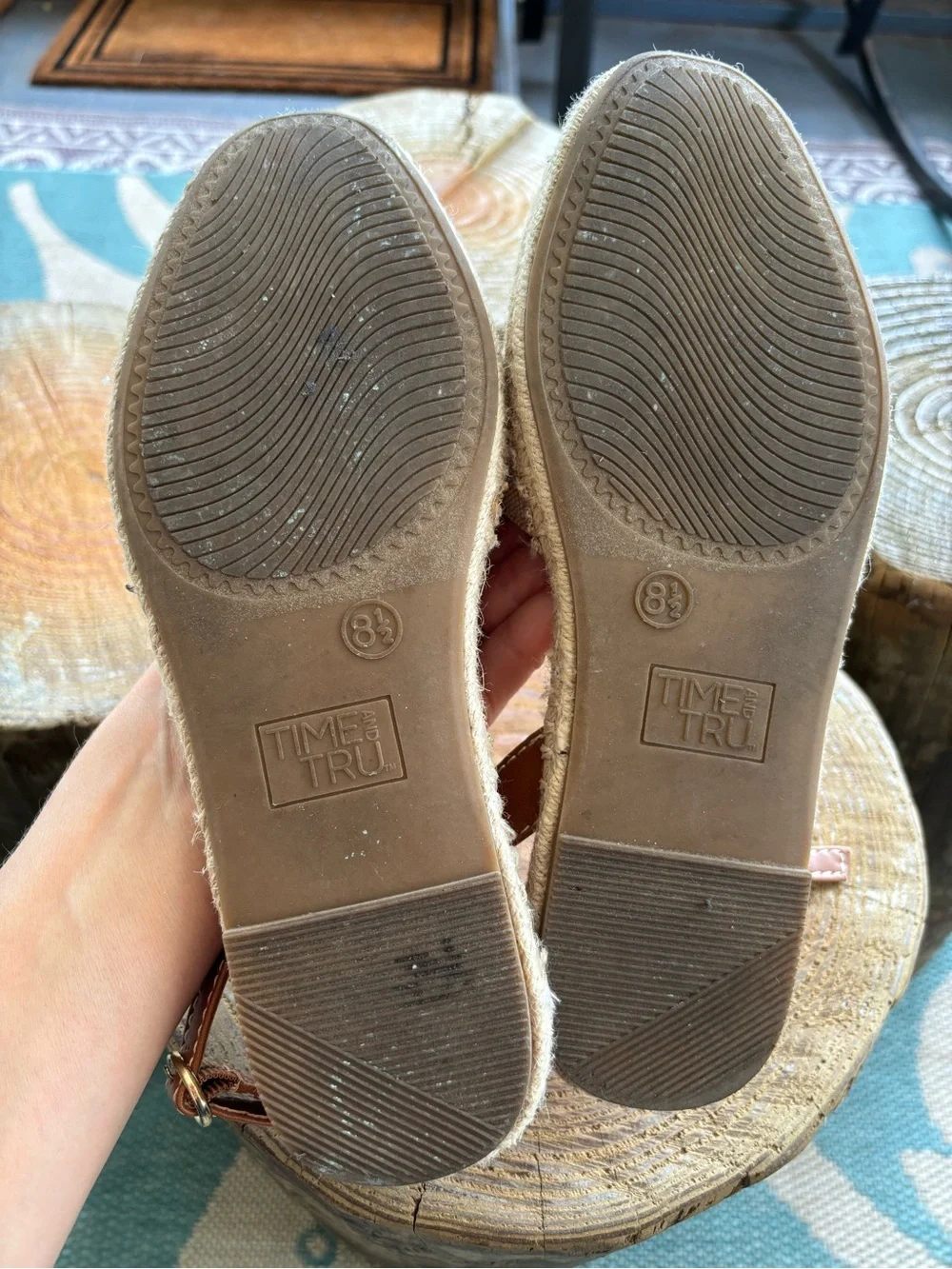 Time and Tru Beige Canvas Espadrille Sandals with Tan Ankle Strap